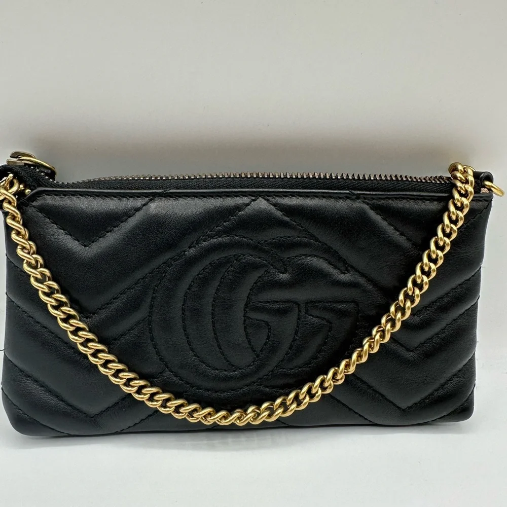 Gucci GG Marmont Matelassé Chain Wristlet Pouch Black Leather Authenticated